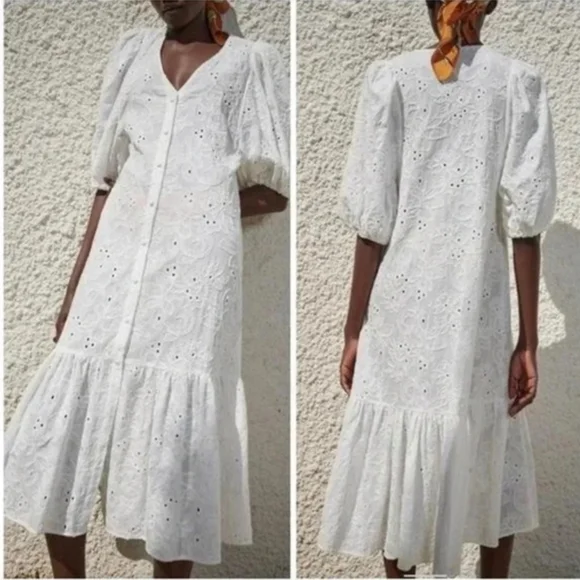 ZARA White MARTA Textured balloon/puff Sleeve Button Down Women's Dress - Picture 2 of 4